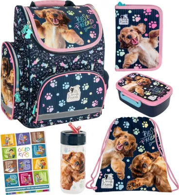 Produktbild von Schulranzen für Jungen und Mädchen, 6er-Set - Schul-Rucksack für Kinder mit Federmäppchen - Schuhbeutel Trinkflasche und Brotdose - Hund Motiv