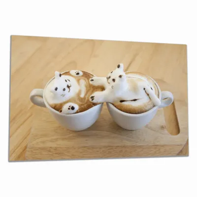 Produktbild von Wallario Herdabdeckplatte aus Glas, Größe 80 x 52 cm 1-teilig, Motiv Süße Milchschaum Katzen auf Kaffee