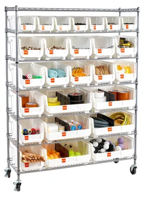 Immagine prodotto di VEVOR, scaffale portante a 7 ripiani e 26 contenitori impilabili, libreria, scaffale da cucina con ruote, scaffale mobile per garage, magazzino, ufficio, ristorante, aula scolastica, cucina, dimensioni 355x1110x1480 mm