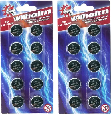Two blister packs of CR2032 lithium coin cell batteries against a background of blue lightning.