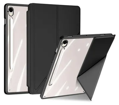 Three views of a black tablet case with a transparent back, one standing upright, one closed, and one open and propped up.