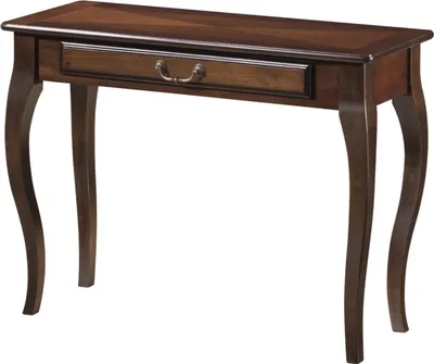 A dark brown console table with a single drawer and curved legs, shown against a white background.