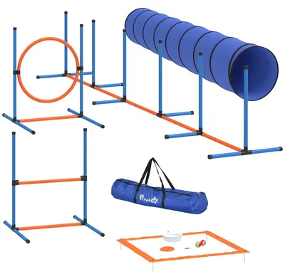 Produktbild von Hundetrainings-Set für Agility, 8-teiliges Set mit Tunnel, Slalomstangen, verstellbaren Hürden, Sprungring, Napf