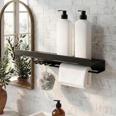 Zdjęcie produktu dla Wielofunkcyjna półka ścienna do łazienki, 40 cm, czarna, z haczykami i uchwytem na ręczniki