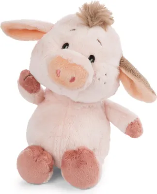A plush toy pig sitting on a white background.