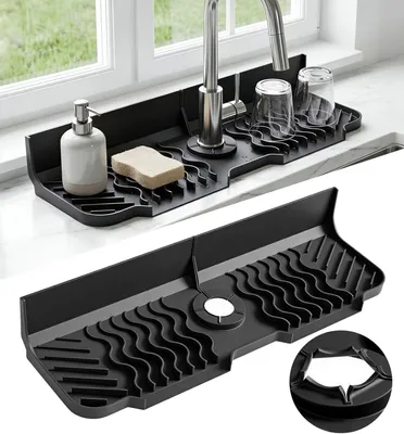 Produktbild von Silikon Wasserhahn Spritzschutz Abtropfmatte für Küchenspüle, rutschfeste Wasserfänger Matte für Spüle, Küche, Spülbecken & Badezimmer, Arbeitsplatte Schützen, 45 cm, Schwarz