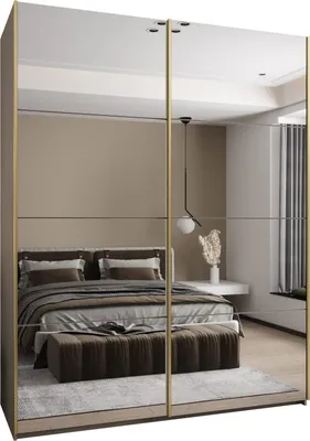 A bedroom scene reflected in mirrored wardrobe doors.