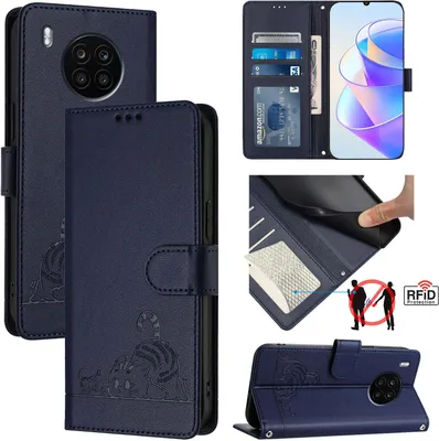 Produktbild von Leder Hülle für Huawei Nova 8i/Honor 50 Lite Süße Katze Flip Case Brieftasche Schutzhülle mit Standfunktion Blau