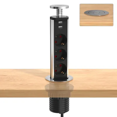 Imagen del producto de Tira de enchufes empotrada Meisax, color plateado, con 3 enchufes y 2 puertos USB-A