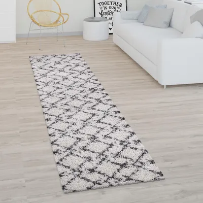 Produktbild von Hochflor Teppich Wohnzimmer Shaggy Langflor Modernes Boho Skandi Rauten Muster Grösse 80x300 cm