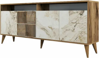 Produktbild von Konsolentisch Dpogg, Ausziehbarer Mehrzwecktisch, Eingangskonsole, Regal mit Erweiterungen, 180x35h79 cm, Nussbaum und Weißer Marmor