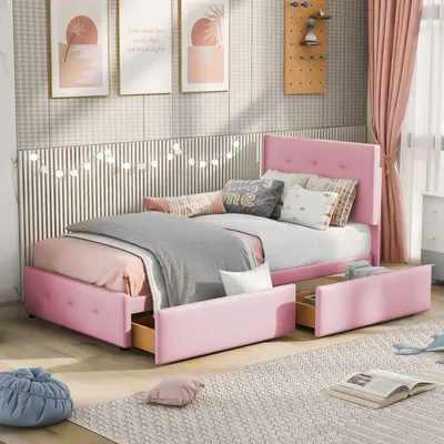 A pink upholstered bed with drawers in a bedroom setting.