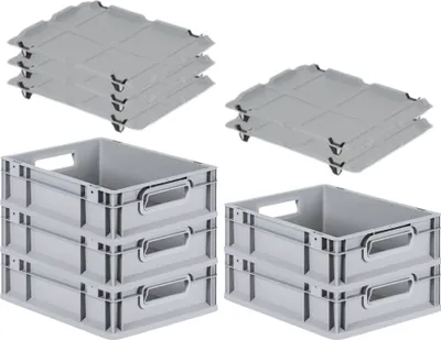 Produktbild von SparSet 5x Eurobox NextGen Economy mit Auflagedeckel und 4x Schiebeschnappverschlüsse Schwarz | Griffe offen | HxBxT 12x30x40cm | 11 Liter | Eurobehälter, Transportbox, Transportbehälter, Stapelbehälter