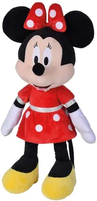 A full-body studio shot of a Minnie Mouse plush toy.