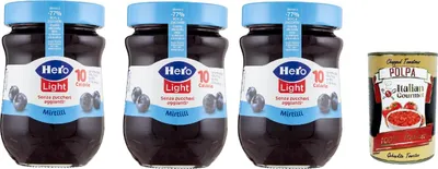 Produktbild von Hero Light Konfitüre Leichte Brotaufstriche Blaubeeren, Extra-Marmelade und Konfitüre mit hochwertigen Früchten, ohne Zuckerzusatz und sehr wenig Kalorien 3x 280 g + Italian Gourmet polpa 400g