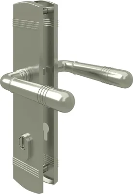Produktbild von Matt vernickelter Zylinderschutz Türbeschlag Sicherheitsbeschlag Langschild Türdrücker Drücker / Drücker DIN 10/92