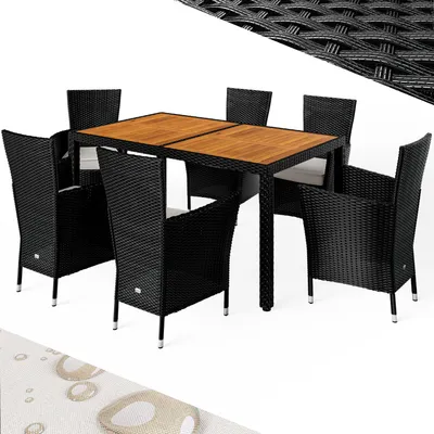 Produktbild von CASARIA® Gartenmöbel Set 6 Stühle inkl. 7cm Polster Tisch 150x90cm Polyrattan wetterfest stapelbar outdoor Balkon Terrasse 160kg belastbar modernes Akazienholz Schwarz