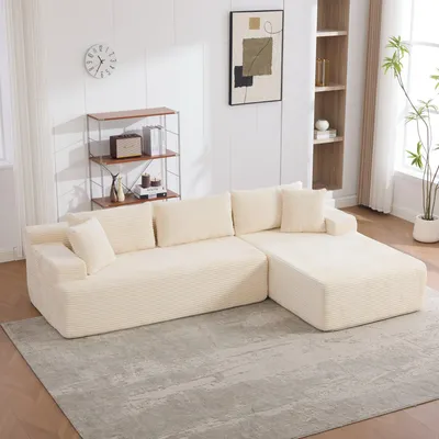 Immagine prodotto di Divano modulare MODFU, divano a 4 posti color avorio, in ciniglia, divano di grandi dimensioni con schienale destro, divano relax con funzione chaise longue, morbido, mobili imbottiti per il soggiorno