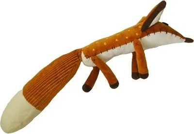A plush toy fox is shown against a white background.