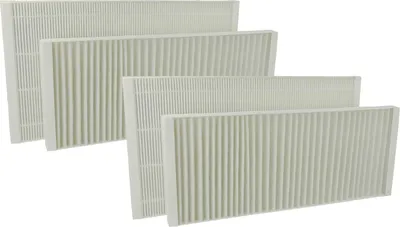 A set of four pleated air filters arranged diagonally on a white background.