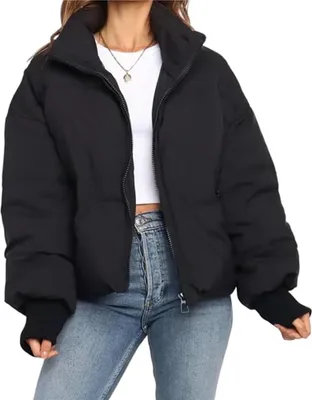 Produktbild von Damen Wintermantel Verdickte Damenjacke Lässige Kurze Daunenjacke Stehkragen Kordelzug Oberbekleidung Mit Taschen (M)