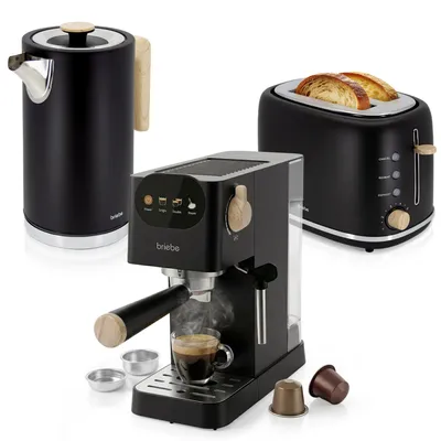 Produktbild von Briebe SKT1209BLK Nordic Set Espressomaschine 20 Bar, Toaster für 2 Scheiben, Wasserkocher 1,7 L Schwarz