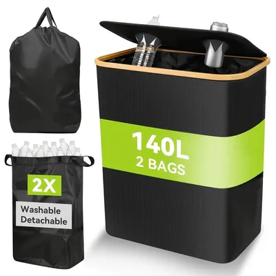 Image de 140 Lnoir double grotte poubelle iter , 2 poches intérieures apporter, Collecteur de déchets,Grande poubelle mobile,bouteille collecte seau.