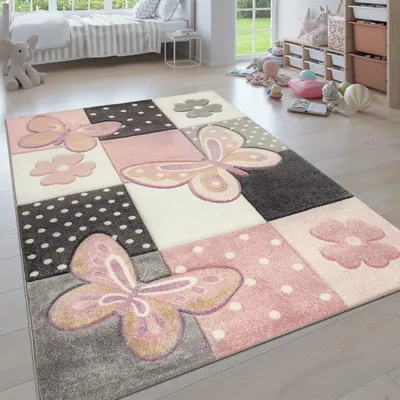 Produktbild von Kinderteppich Schmetterlinge-Patchwork Kinderzimmer schmutzabweisend Mehrfarbig Rechteckig 80x150 | 100% Polypropylen | Florhöhe: 12 mm | pflegeleicht