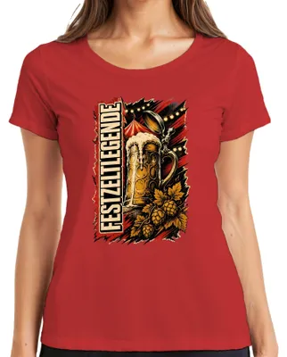 Productafbeelding van Feesttentlegende, biertankard, , volksfeest, lederen broek, "Wiesn" (), dames T-shirt, rood, maat M