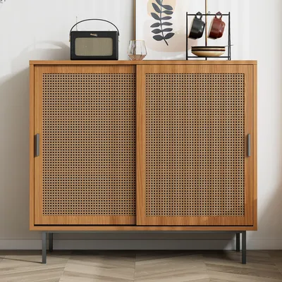 Produktbild von Flieks Rattan Kommode Sideboard mit 2 Schiebetüren, Wohnzimmerschrank Aufbewahrungsschrank Beistellschrank mit Verstellbaren Ablagen, Braun, 100x37x90