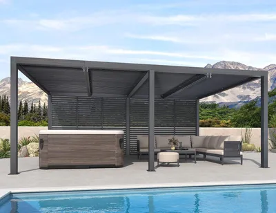 Produktbild von PURPLE LEAF Aluminium-Lamellenpergola 3,65 x 6 m mit Lamellenwänden und verstellbarem Lamellendach, wasserdicht & winterfest, 1 lange Seite, Grau