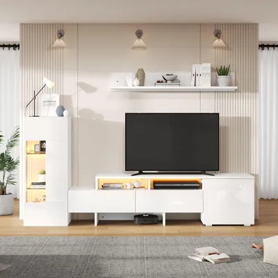 Produktbild von Merax TV Wohnwand Set 3-teilig mit LED, Hochglanz Wohnzimmermöbel mit TV-Schrank, Wandschrank und Wandregal, TV bis 70, Weiß