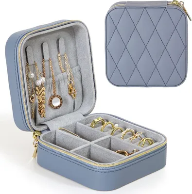 Produktbild von Kleine Schmuckkästchen für Damen, Tragbarer Reise Schmuckbox, Kunstleder Mini Schmuckaufbewahrung für Ohrringe, Ringe, Halsketten, Blaugrau