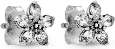 A pair of flower-shaped stud earrings with clear stones.