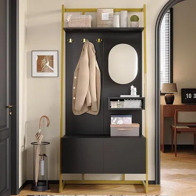 Zdjęcie produktu dla Szafka garderobiana, 78 x 38,5 x 180,5 cm, z lustrem, kompaktowa szafka z otwartymi półkami i metalowymi haczykami, duża przestrzeń do przechowywania, idealna do przedpokoju i wejścia, kolor: czarny