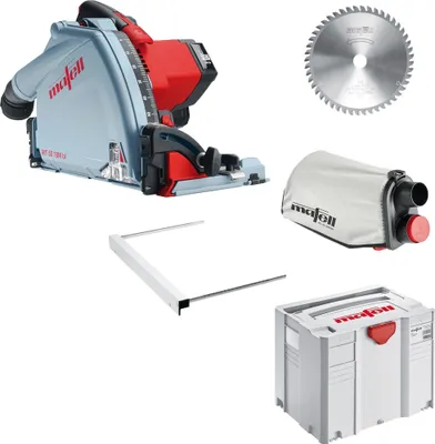 A collection of tools and accessories for a power saw, laid out on a white background.