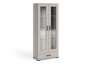 Produktbild von Vitrine FINO II mit Glastür und Schublade, Vitrinenschrank mit Glasfach, Hochschrank für Wohnzimmer und Esszimmer, Moderne Glasvitrine, Kaschmir