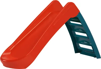 A red and blue plastic slide for children, shown against a white background.