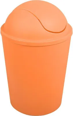 An orange trash can with a swing lid.