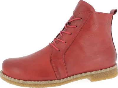 A red leather boot is shown against a white background.