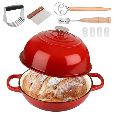 Produktbild von Emaille Schmortopf 26 cm 5,7L Gusseisen Bräter mit Deckel & Griffen und Brotgärung Zubehör