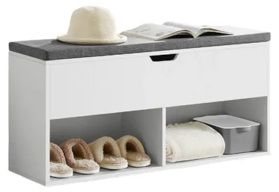 Immagine prodotto di Panca porta-scarpe con spazio contenitore – Seduta imbottita – Realizzata in legno di classe E1 – Dimensioni: 100 x 30 x 48 cm