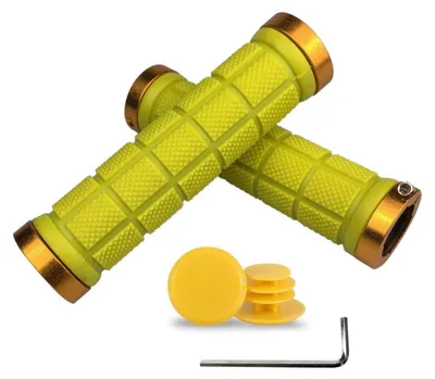 Zdjęcie produktu dla Rękojeści do roweru, antypoślizgowe, gumowe, żółte, o długości 128 mm, przeznaczone do rowerów górskich (MTB), BMX i rowerów trekkingowych