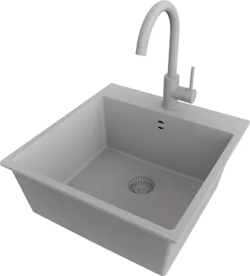 Produktbild von PRIMAGRAN Granitspüle Grau 48x50cm, Spülbecken 1 Becken + Küchenarmatur 32x20cm + Ablauf-Set, Küchenspüle ab 50er Unterschrank - Riga