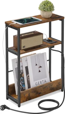 Produktbild von VASAGLE Beistelltisch schmal, mit Ladefunktion, 3 Ablagen, Zeitschriftenhalter, vintagebraun
