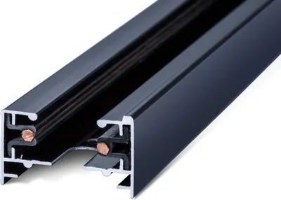A close-up, angled view of a black track lighting rail with visible copper conductors.