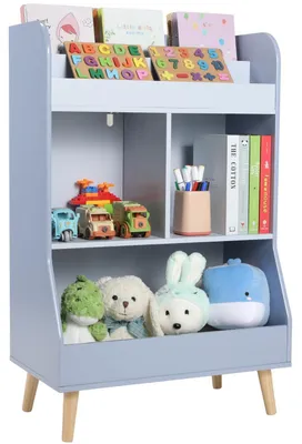 Zdjęcie produktu dla Półka dziecięca, drewniana, 2 szuflady, 3 otwarte półki, niebieska, wymiary: 62 x 34 x 93,5 cm