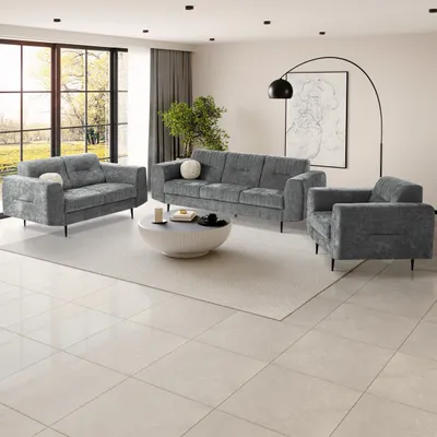 Obrázek produktu pro BEAUTYSOFA | Sedací souprava VENEZIA z chenille v barvě grafit – souprava 3+2+1, čalouněná souprava s kovovými nohami v černé barvě, obývací souprava bez spací funkce