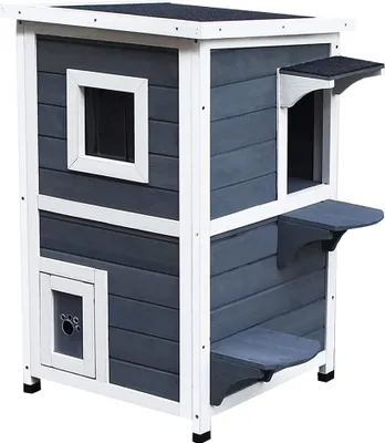 Obrázek produktu pro Fortuna Lai Kočičí dům šedý 2patrový Kočičí dům se schody, asfaltovou střechou a oknem, jedlové dřevo, 51x51x81,3 cm pro milovníky koček