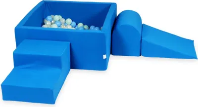 Image de Aire de jeux en mousse avec piscine carrée 90x90x40 bleu + 400 balles : bleu clair, menthe claire, nacre, opalescent